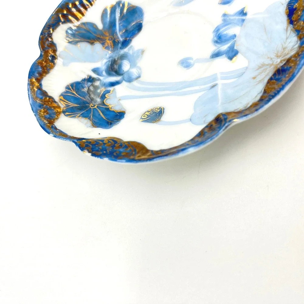 Vintage‎ Blue Floral Lotus Flower Dish Trinket Plate Decorative Gold Accent